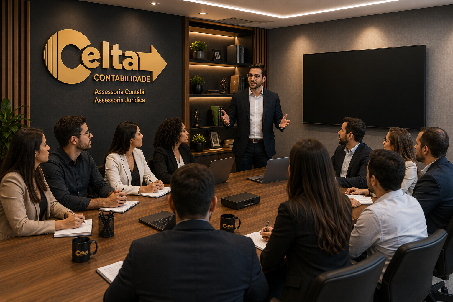 Equipe de contadores da Celta reunida discutindo relatórios financeiros